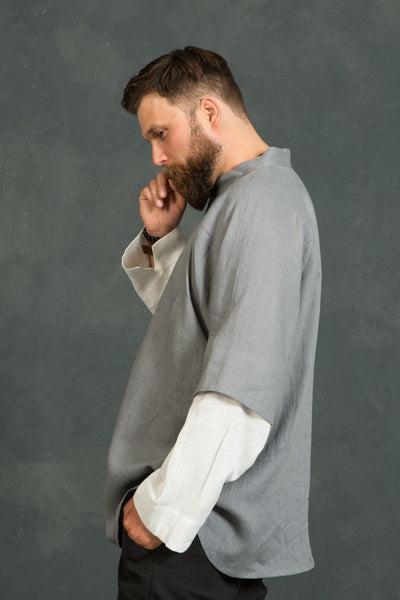 Raglan Two-Color Long-Sleeved Linen Shirt | Dusty Mint and Milky-White Colors