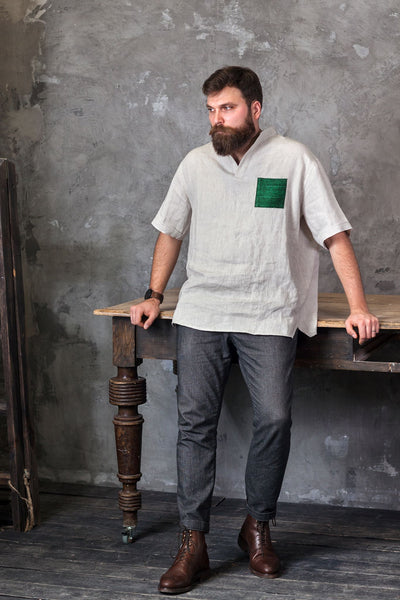 Leisure Relaxed Fit Linen Shirt | Gray and Emerald Colors