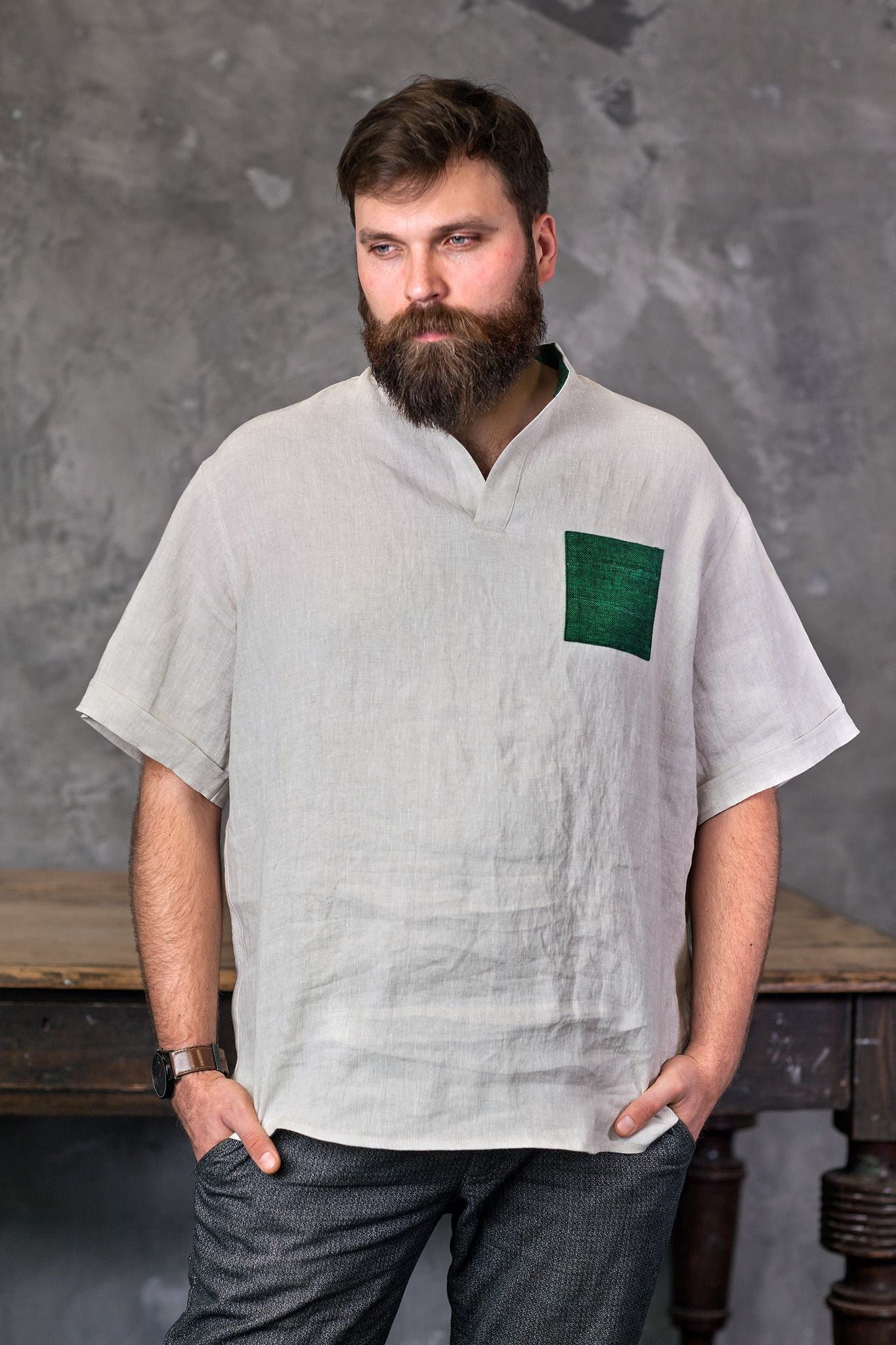 Leisure Relaxed Fit Linen Shirt | Gray and Emerald Colors