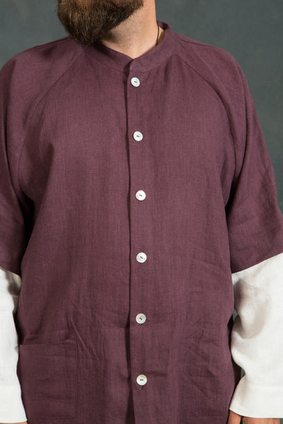 Raglan Two-Color Long-Sleeved Linen Shirt | Aubergine and Milky-White Colors