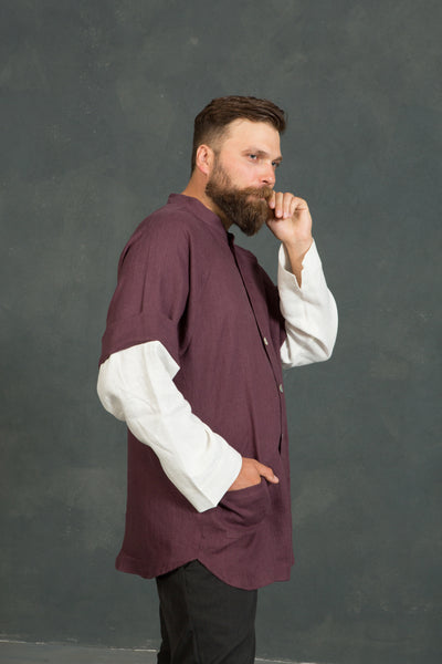 Raglan Two-Color Long-Sleeved Linen Shirt | Aubergine and Milky-White Colors